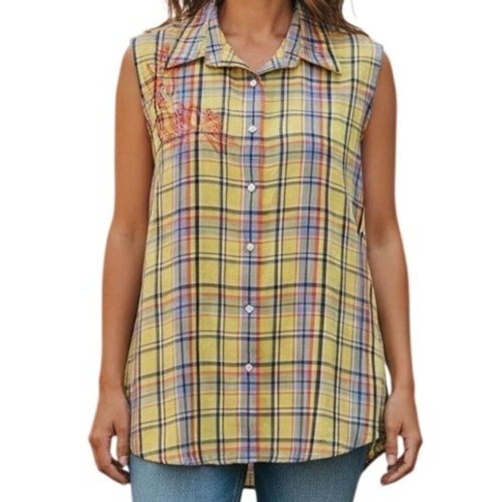 ROCKIES Vintage Yellow Plaid Sleeveless Embroidered Western Snap Button Shirt XL